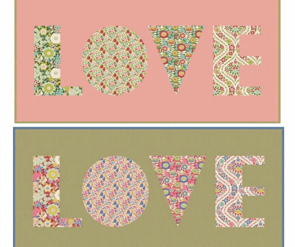Tilda Wallflower Love Pillow Kit with floral pattern letters spelling LOVE in two colorways