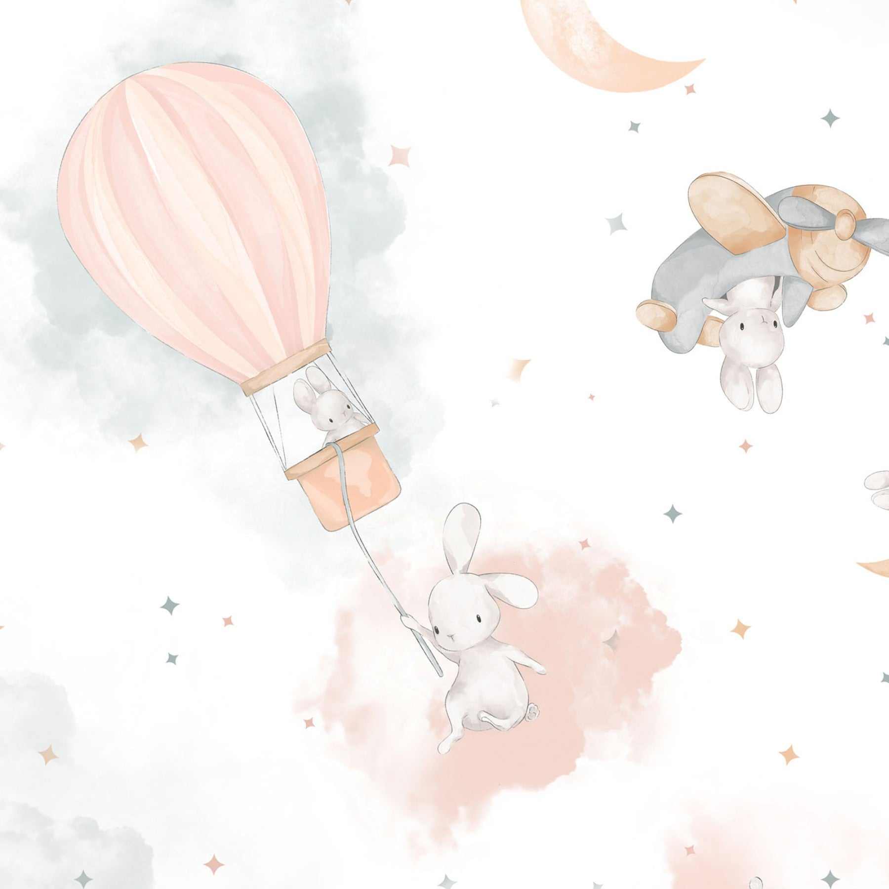 Honey Bunny Bunny fabric by Maywood Studio with clouds, rainbows, and hot air balloons in soft whites and greys