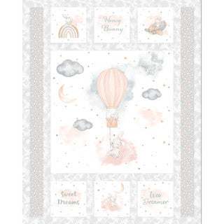 Honey Bunny panel fabric with grey tones, peaches, rainbows, hot air balloons, and clouds for nursery quilts
