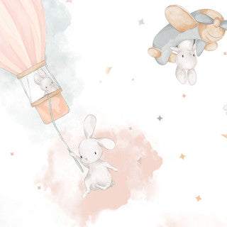 Honey Bunny Bunny fabric with bunnies, clouds, rainbows, and hot air balloons in soft grey, peach, and white tones