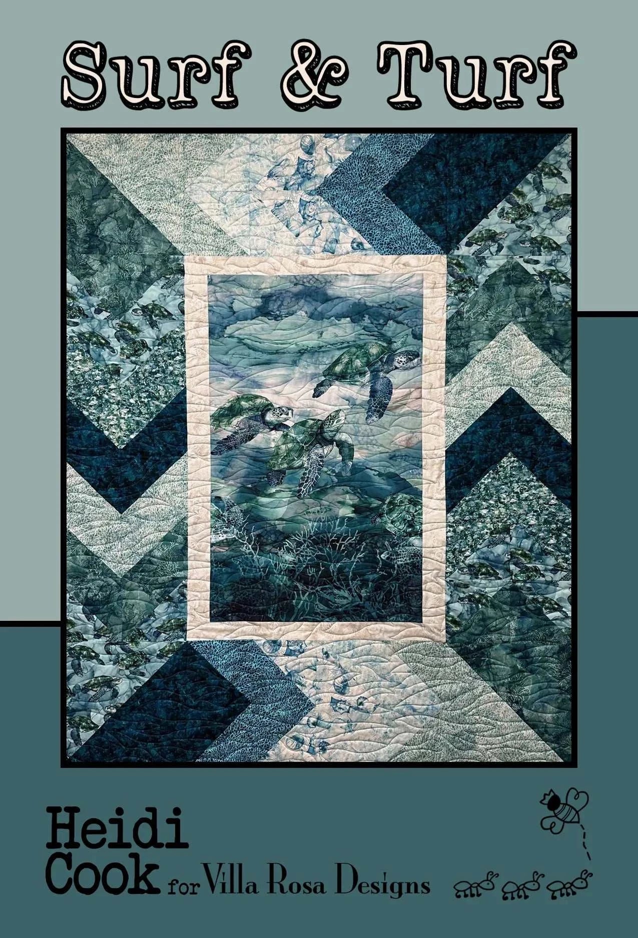 Surf & Turf Pattern quilt by Heidi Cook with sea turtle design and blue geometric border