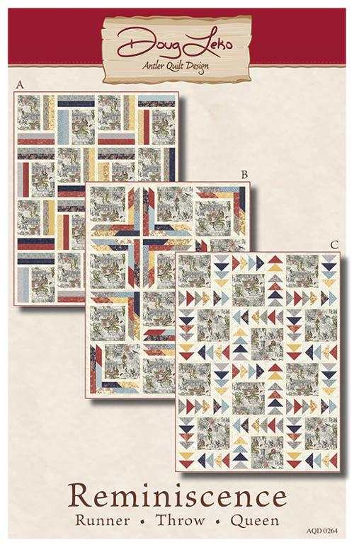 Reminiscence Quilt Pattern by Doug Leko showing three quilt designs in runner, throw, and queen sizes with folded corners and strip piecing techniques