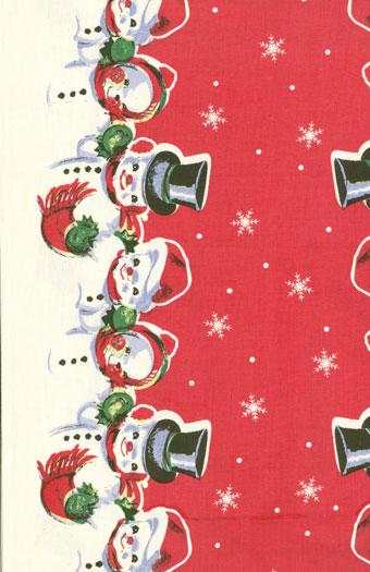 16 inch toweling with retro holiday snowman design on red and white background