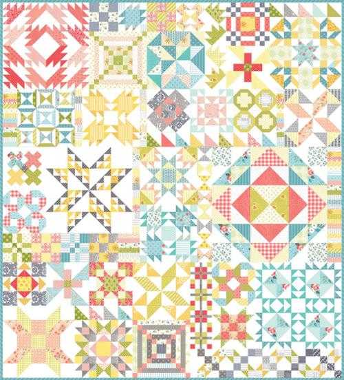 Dessert Sampler Booklet quilt pattern with colorful scrappy pre-cut friendly blocks from Moda Fabrics
