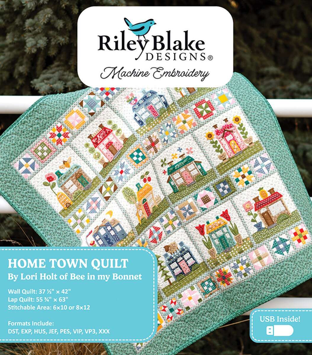 Machine embroidery Home Town Quilt project USB by Lori Holt with stitch and flip applique techniques