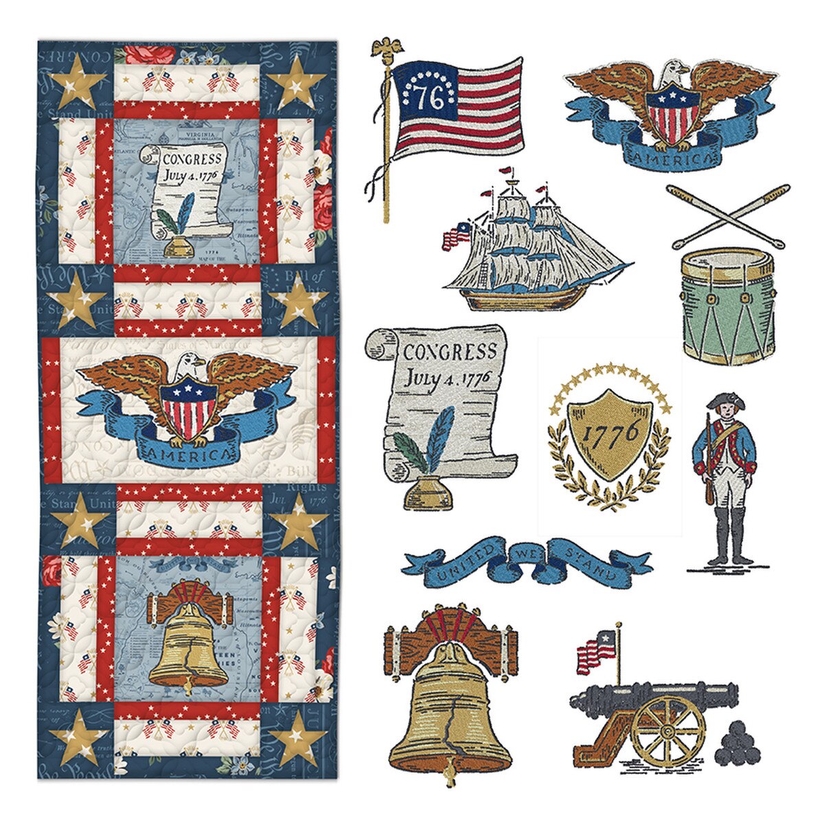 Machine embroidery America 250th patriotic designs featuring flags, eagles, and historic icons for quilting and decor