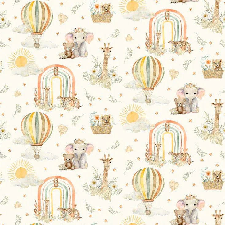 Mini Menagerie fabric with wild animals, hot air balloons, and rainbows on ecru background by Audrey Jeanne Roberts for P&B Textiles