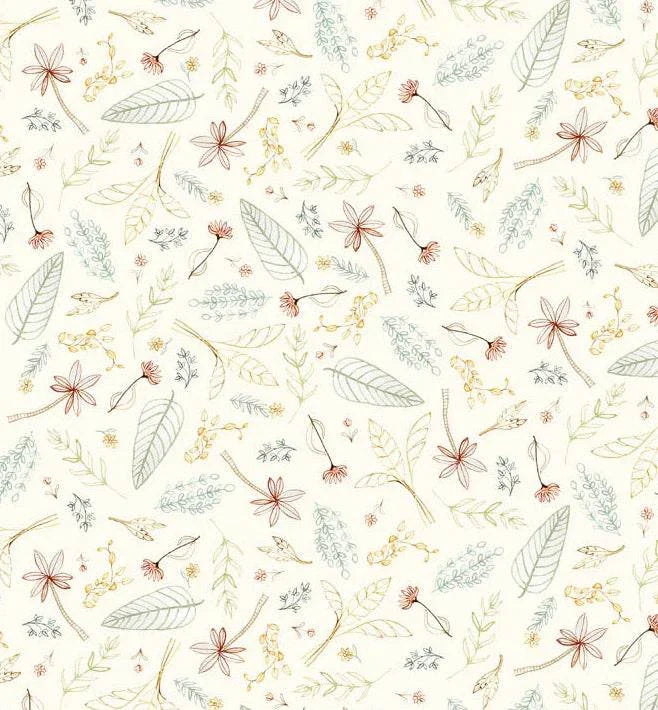 Mini Menagerie Tossed Leaves fabric by Audrey Jeanne Roberts with delicate leaf and flower patterns on ecru background