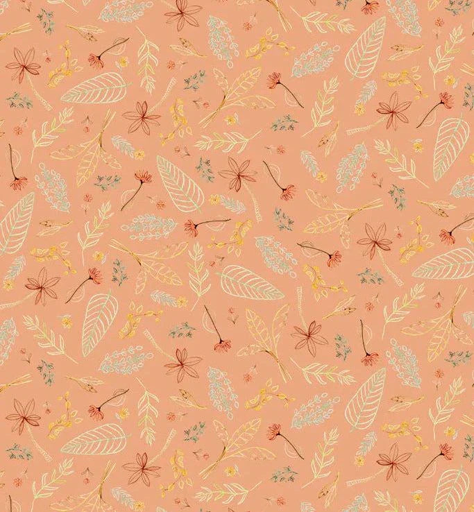 Mini Menagerie Tossed Leaves Orange fabric with delicate leaf and floral patterns on orange background by Audrey Jeanne Roberts for P&B Textiles