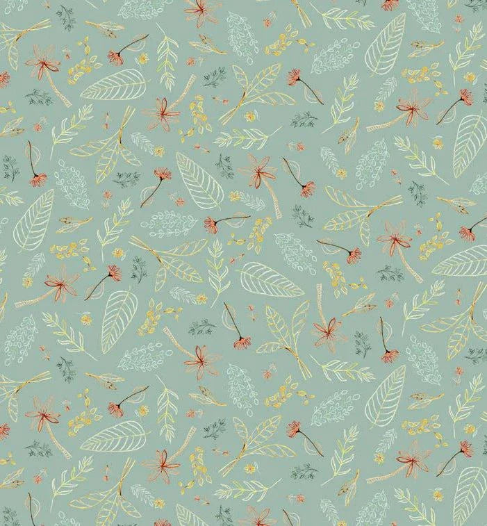 Mini Menagerie Tossed Leaves Teal fabric with delicate leaf and floral pattern on teal background by Audrey Jeanne Roberts for P&B Textiles