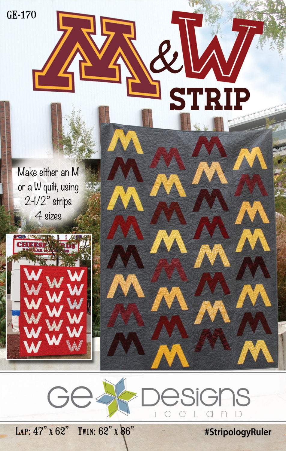 M & W Strip Pattern quilt made with 2-1/2 inch strips and 45 degree ruler in college colors
