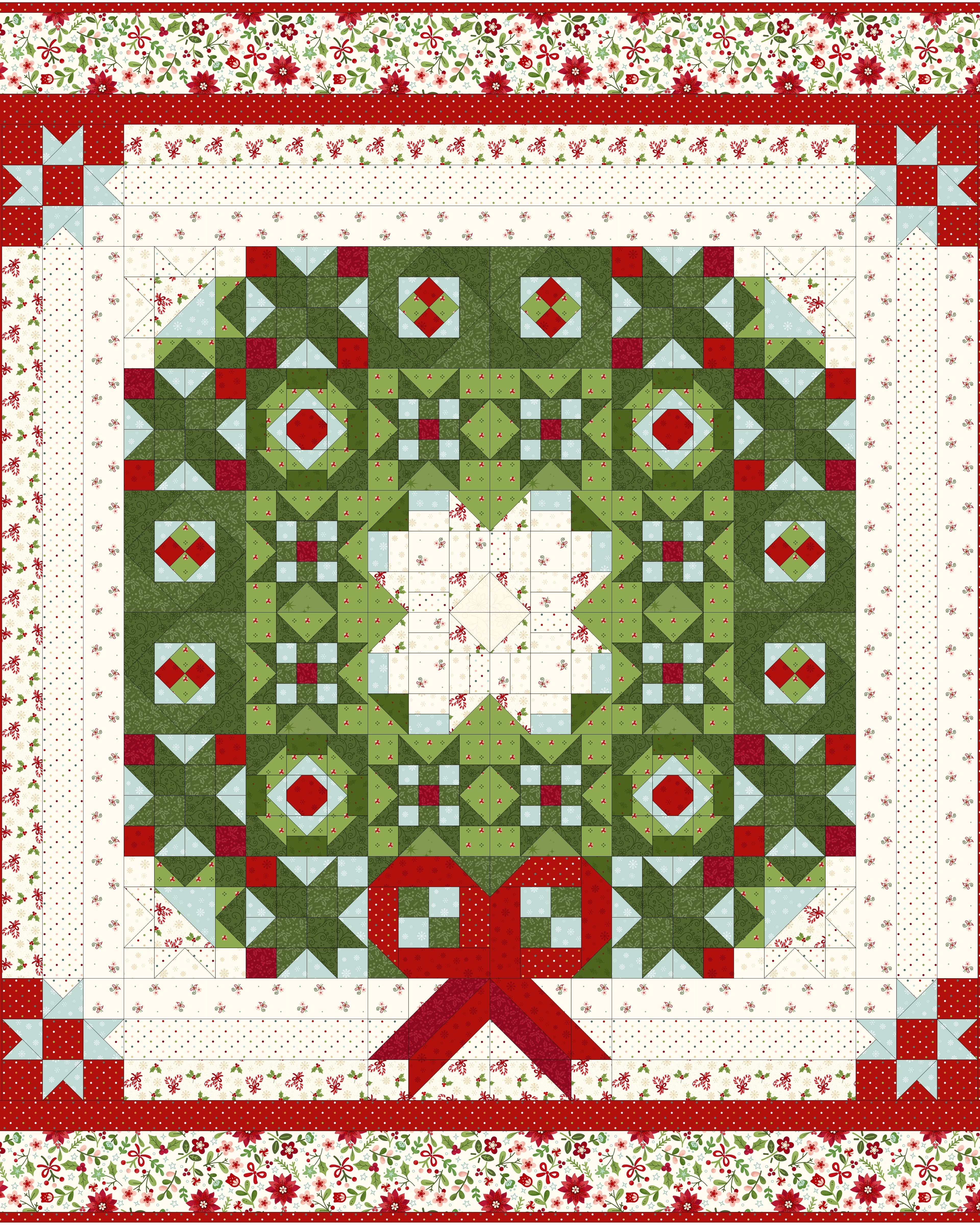 Make It Merry BOM quilt kit with peppermint and pine holiday wreath design by Jennie Jo Lamb