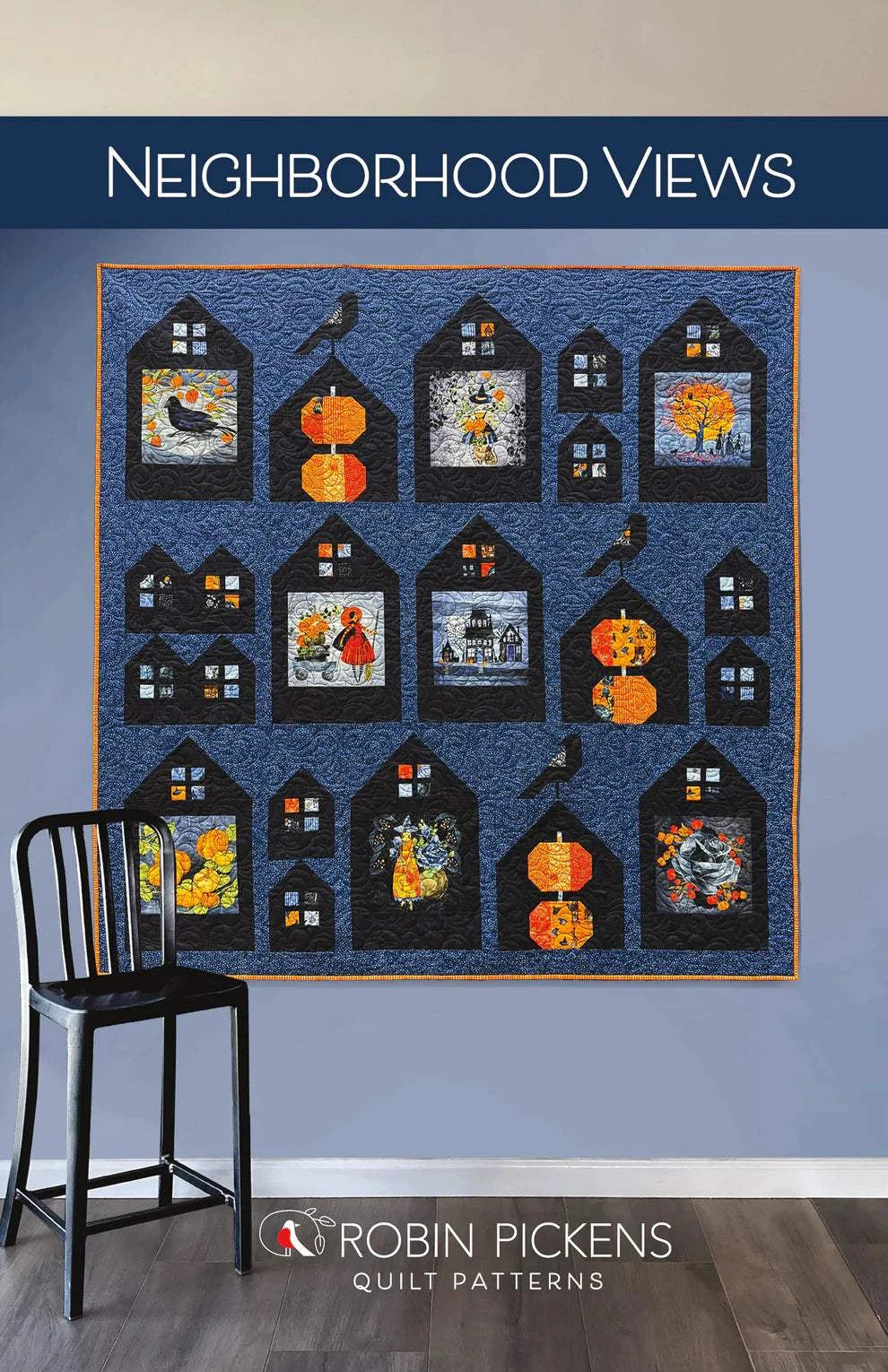 PATTERN Neighborhood Views quilt with charming houses, pumpkins, and birds by Robin Pickens