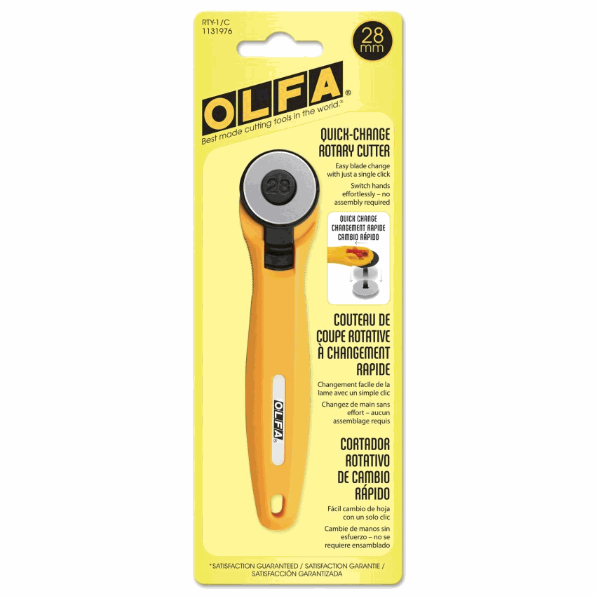 28mm Quick-Blade Change Rotary Cutter with ergonomic handle and safety blade cover for fabric cutting