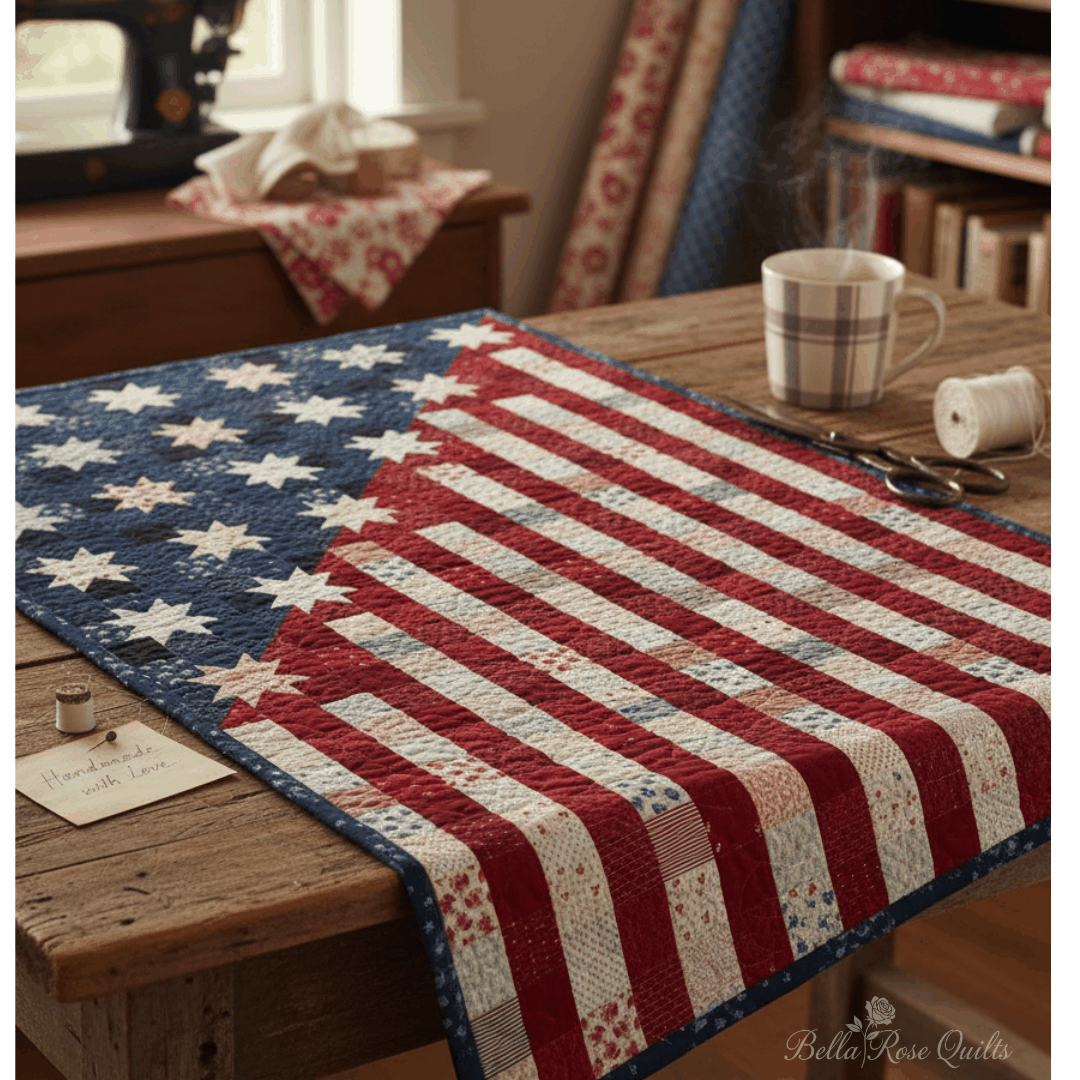 Our Flag Stands Quilt Kit patriotic American flag quilt top with stars and stripes 54x72 inches