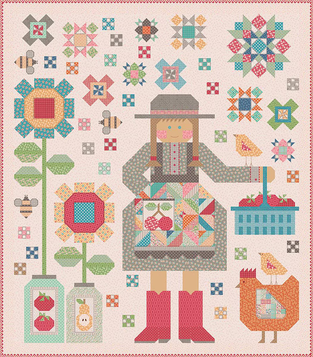Quilt Kit featuring Farmer's Daughter pattern by Lori Holt with colorful patchwork farmhouse design including flowers, bees, girl, birds, and chicken