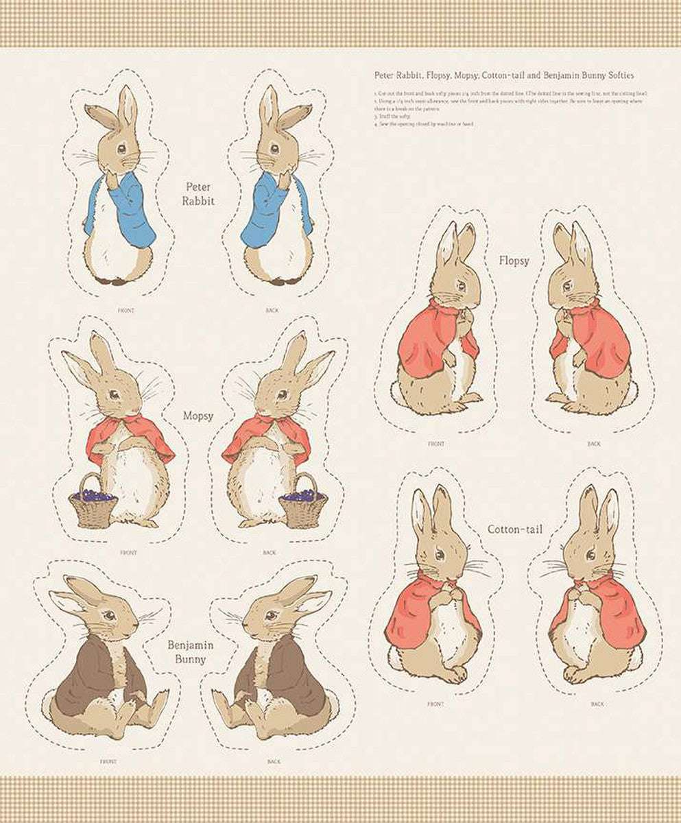 The Tale of Peter Rabbit fabric panel featuring cutouts for Peter Rabbit, Mopsy, Flopsy, Benjamin Bunny, and Cotton-tail softies by Beatrix Potter for quilting and home decor