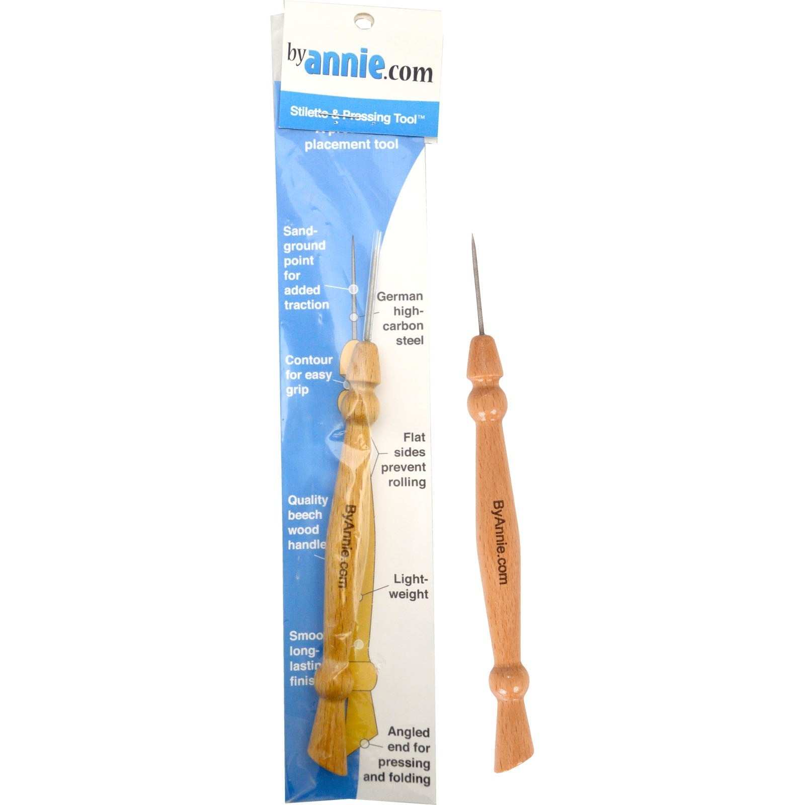 By Annie Stiletto and Pressing Tool with sand-ground steel tip and beech wood handle for fabric piecing and seam pressing