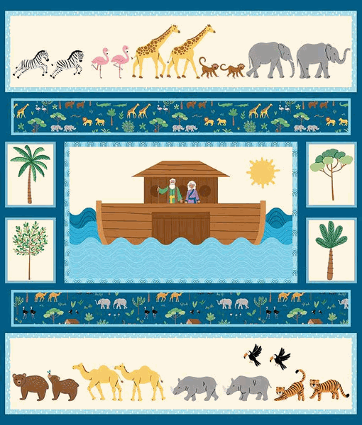 Two by Two Panel featuring Noah's Ark with pairs of animals and vibrant colors by Cayla Naylor for Riley Blake Designs
