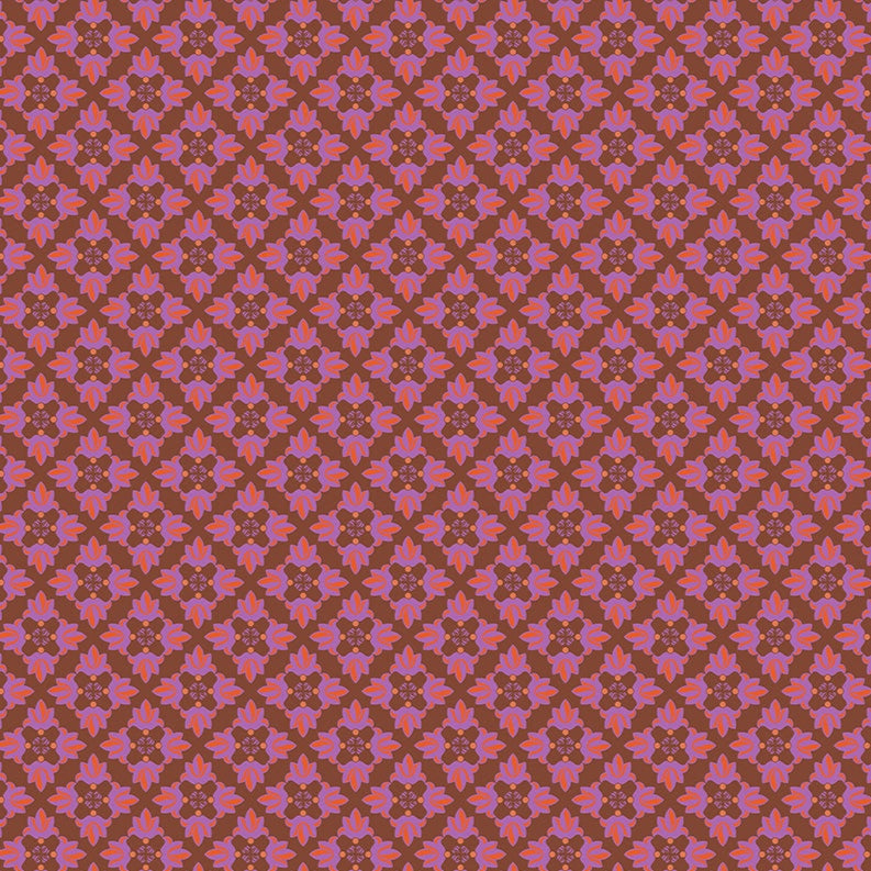 Vintage Cloth fabric with intricate pink and purple floral pattern on brown background by Sew Kind of Wonderful for Free Spirit Fabrics