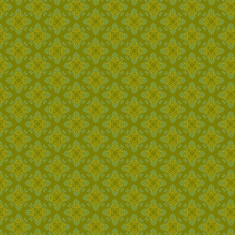 Vintage Cloth Moss Vondel fabric with intricate yellow floral motifs on olive green background by Sew Kind of Wonderful