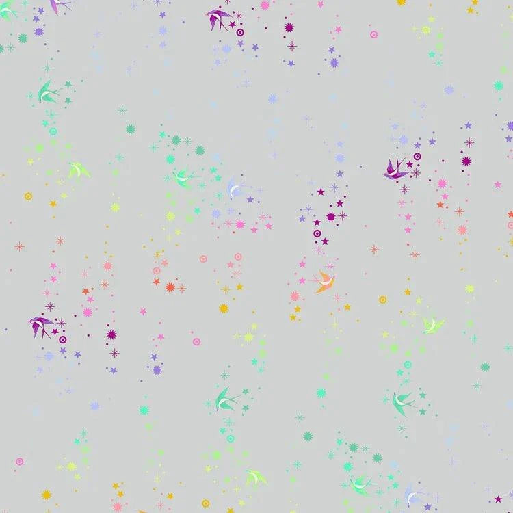 Graywork Fairy Dust Fog fabric by Tula Pink with colorful star and bird patterns on gray background