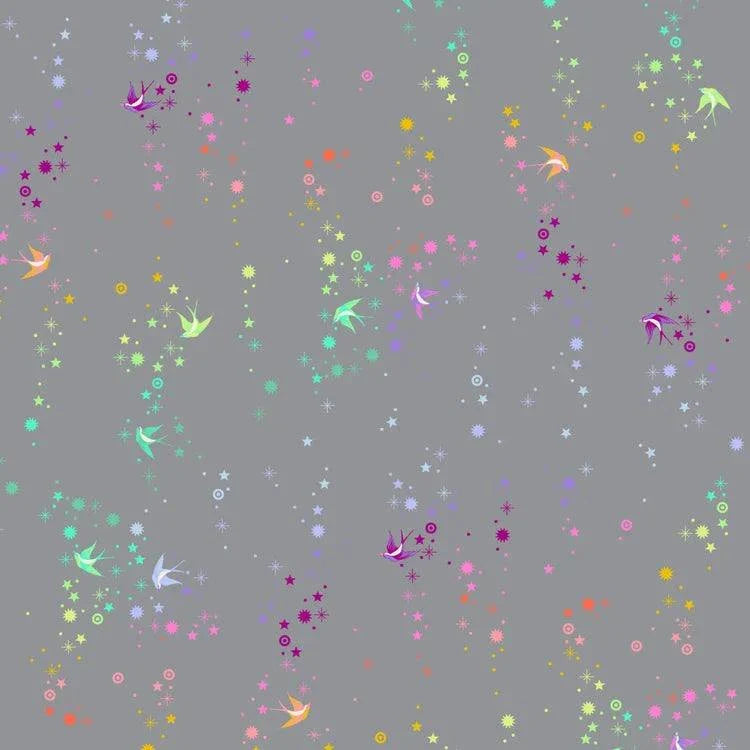 Gray fabric with multicolored stars and birds pattern Graywork Fairy Dust Shadow by Tula Pink