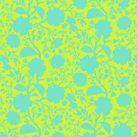 True Colors Wildflower Spring fabric by Tula Pink with turquoise floral pattern on lime green background