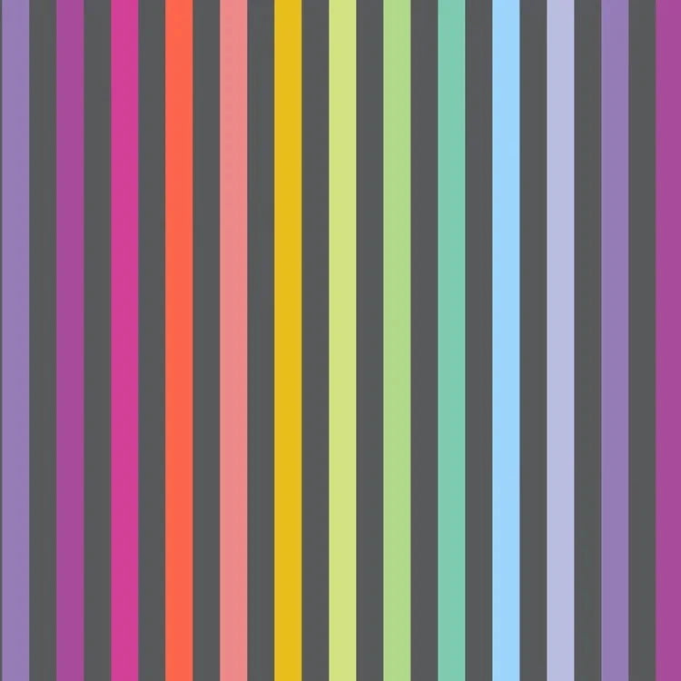 Graywork Disco Stripe Carbon fabric by Tula Pink with colorful vertical stripes on gray background