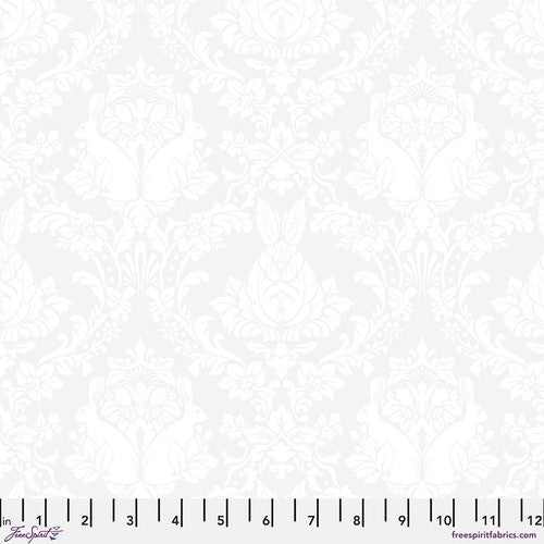 True Colors 2025 Ghost Bunny paper fabric with white floral damask pattern by Tula Pink for FreeSpirit Fabrics