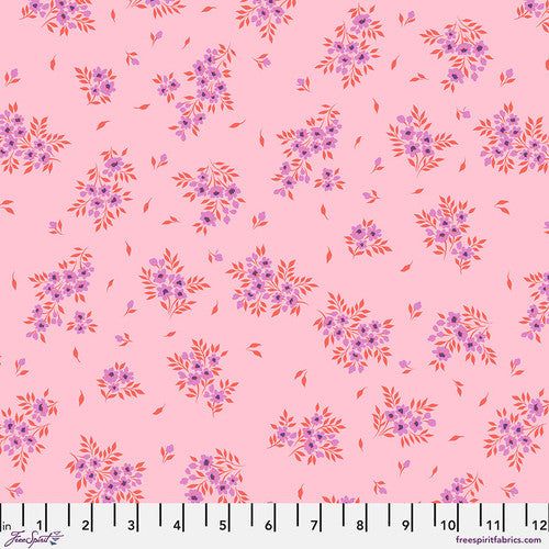 True Colors 2025 pink fabric with small purple floral clusters and red leaves by Tula Pink for FreeSpirit Fabrics
