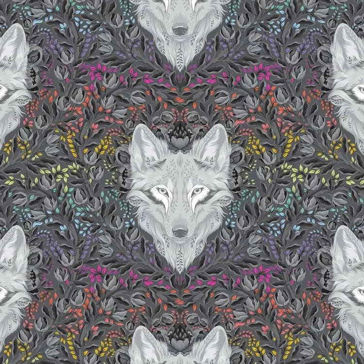 Gray fabric with detailed wolf faces and colorful leafy accents from Graywork Wolf of Pink Street Carbon by Tula Pink