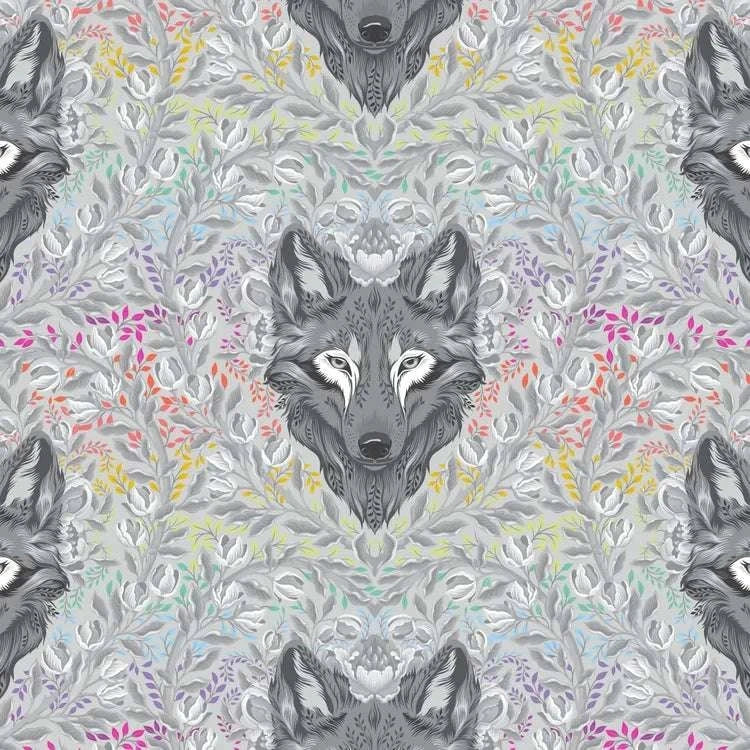 Graywork Wolf of Pink Street Fog fabric by Tula Pink featuring detailed gray wolf heads and colorful foliage pattern