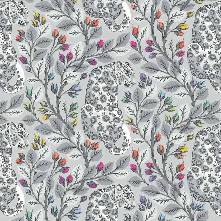 Graywork Beautymark Fog fabric by Tula Pink featuring gray snow leopards and colorful floral accents on a light gray background