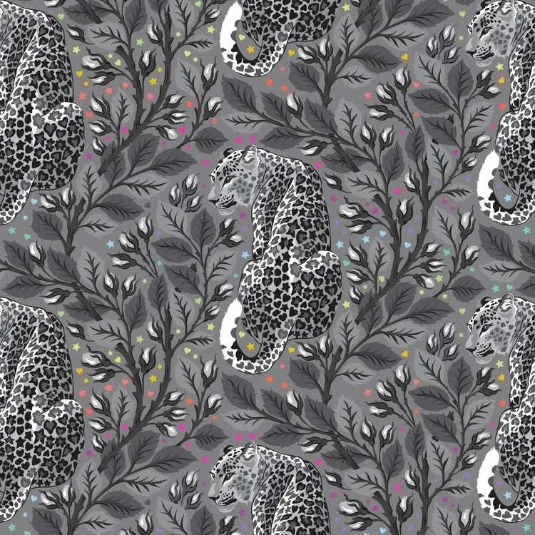 Graywork Beautymark Shadow fabric by Tula Pink with gray leopards and colorful accents on dark foliage background