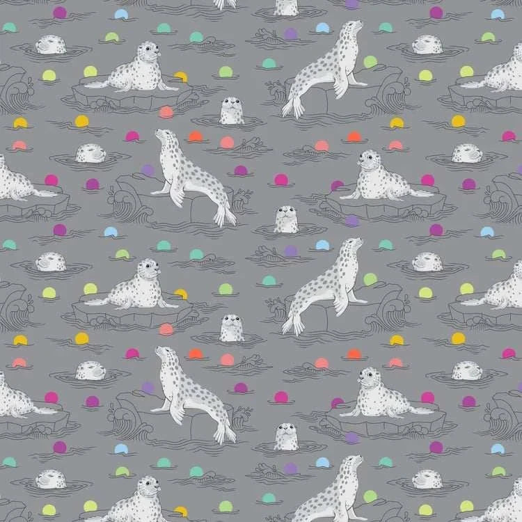 Gray fabric with detailed seal illustrations and colorful dots from Graywork Seal the Deal collection by Tula Pink