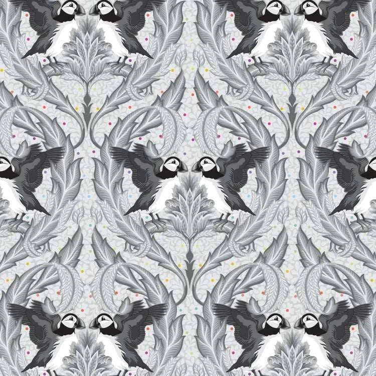 Graywork Huffin & Puffin fabric by Tula Pink with detailed black and white puffin illustrations and gray foliage design