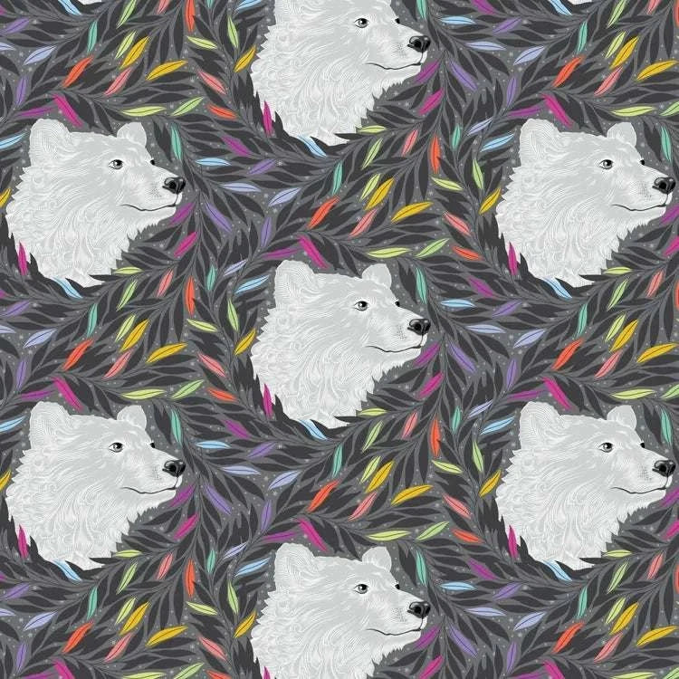 Graywork Just Bearly Carbon fabric by Tula Pink featuring white bear heads and multicolored leaves on a gray background