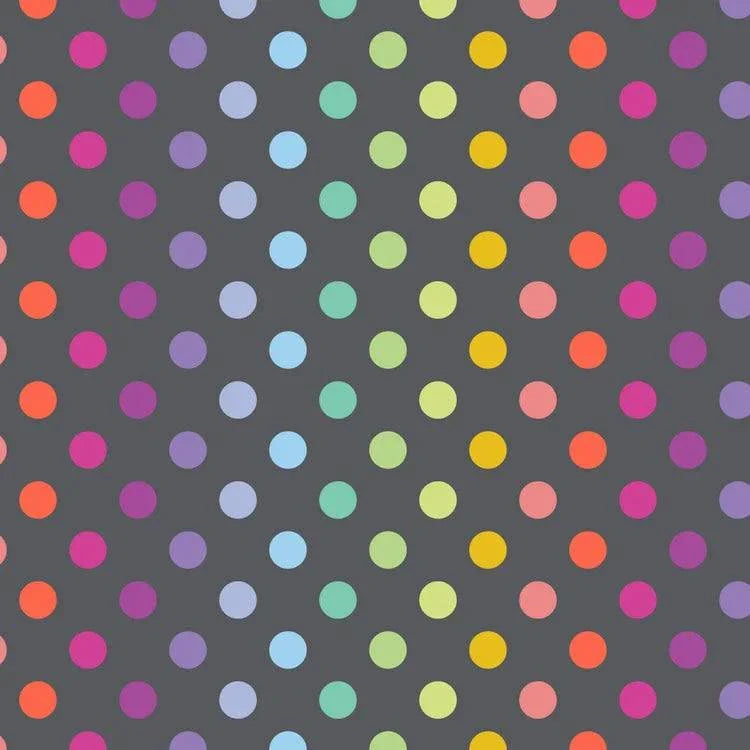 Graywork Disco Poms fabric with colorful polka dots on gray background by Tula Pink