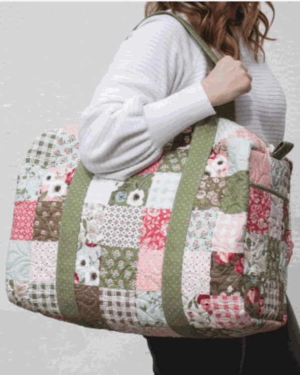 Patchwork Duffle Kit with Lovestruck fabrics by Lella Boutique, 12x20x9 inch bag with Knot & Thread pattern