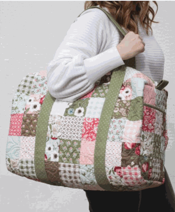 Patchwork Duffle Kit with Lovestruck fabrics by Lella Boutique, 12x20x9 inch bag with Knot & Thread pattern