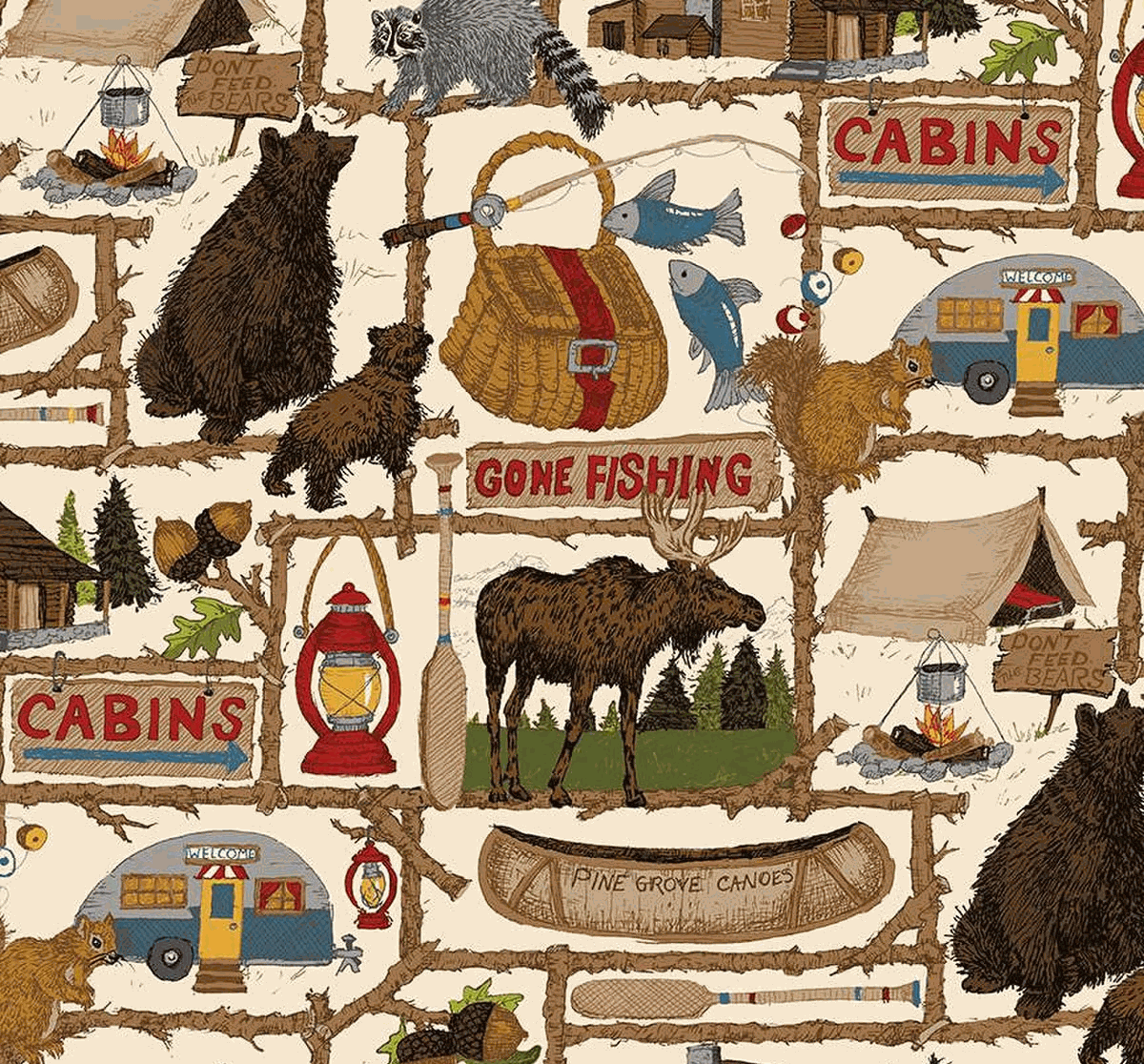 Gone Fishing, Cabins, camper, canoe, bear, moose fabric.
