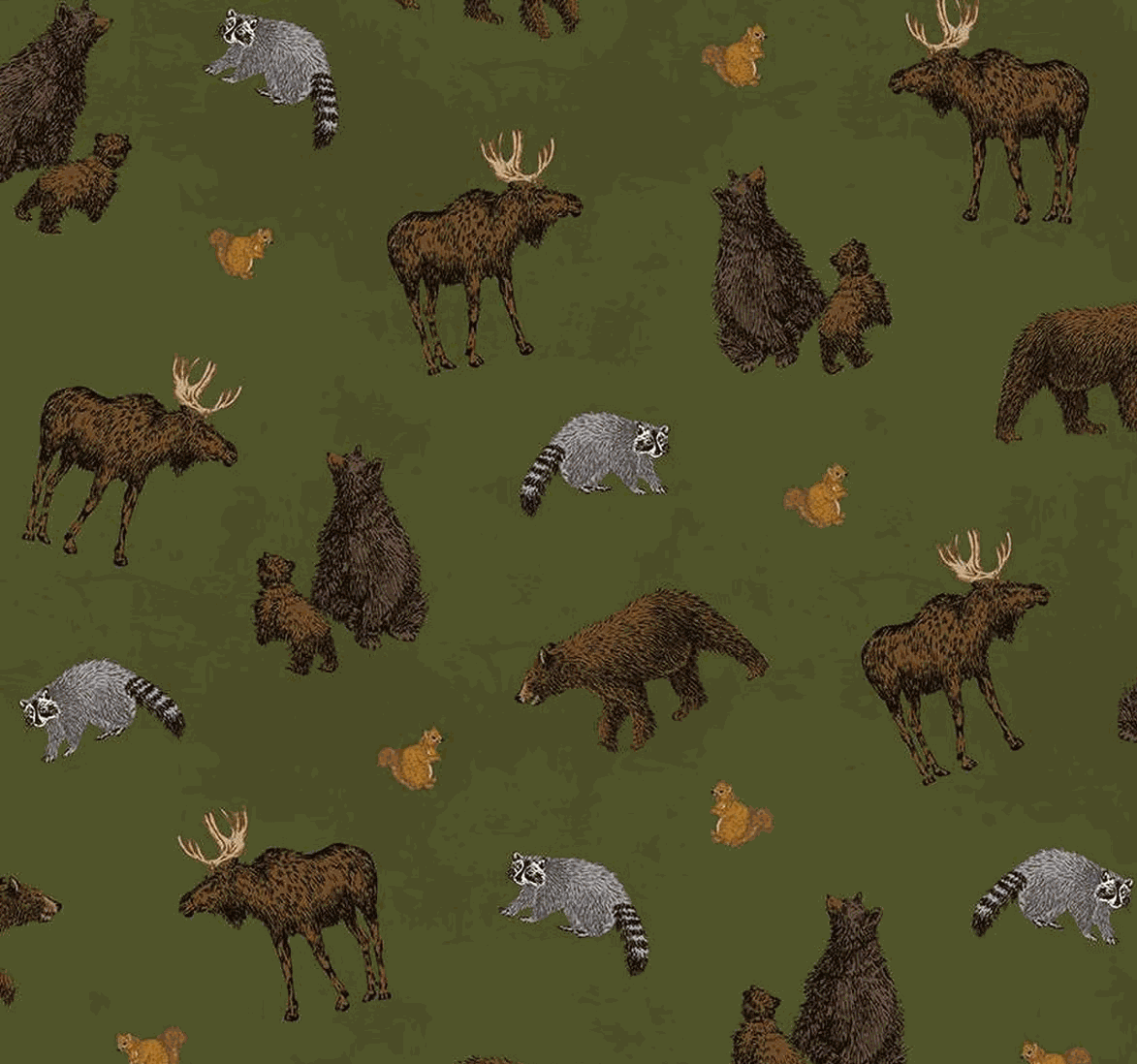 Pine Grove Animal Toss fabric with moose, bears, raccoons, and squirrels on green background by Riley Blake Designs