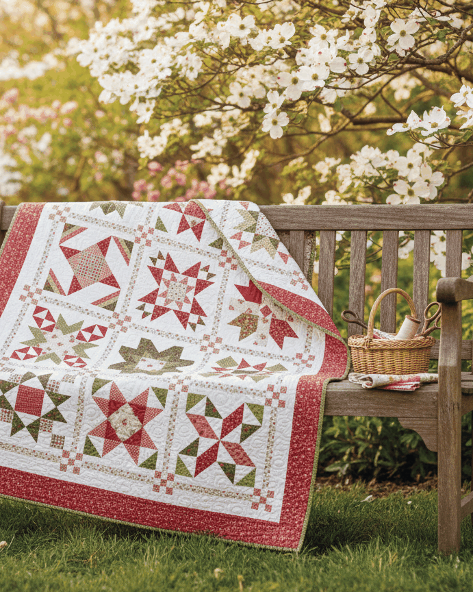 Pre-Order Poinsettia Stars BOM quilt kit with poinsettia and pear design by Sherri & Chelsi, Moda Fabrics, 59.5" x 74.5"