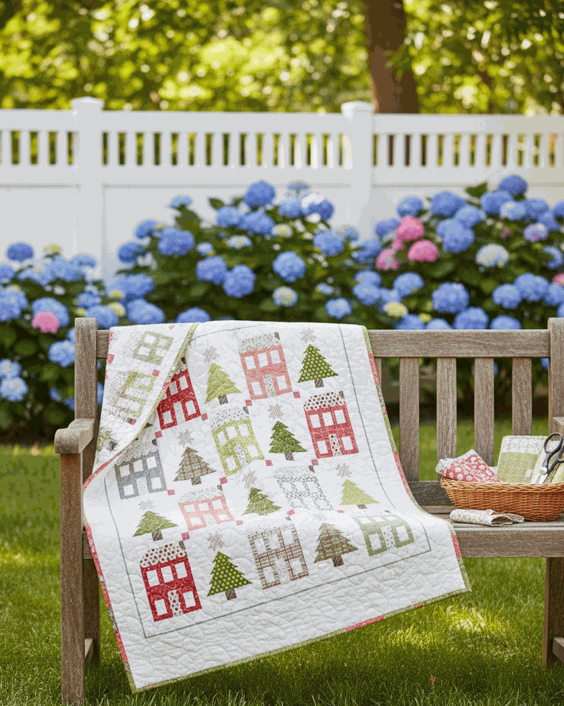 Pre-Order Little Town Quilt Kit with Poinsettia & Pear fabric bundle by Sherri & Chelsi, 61x65.5 inches