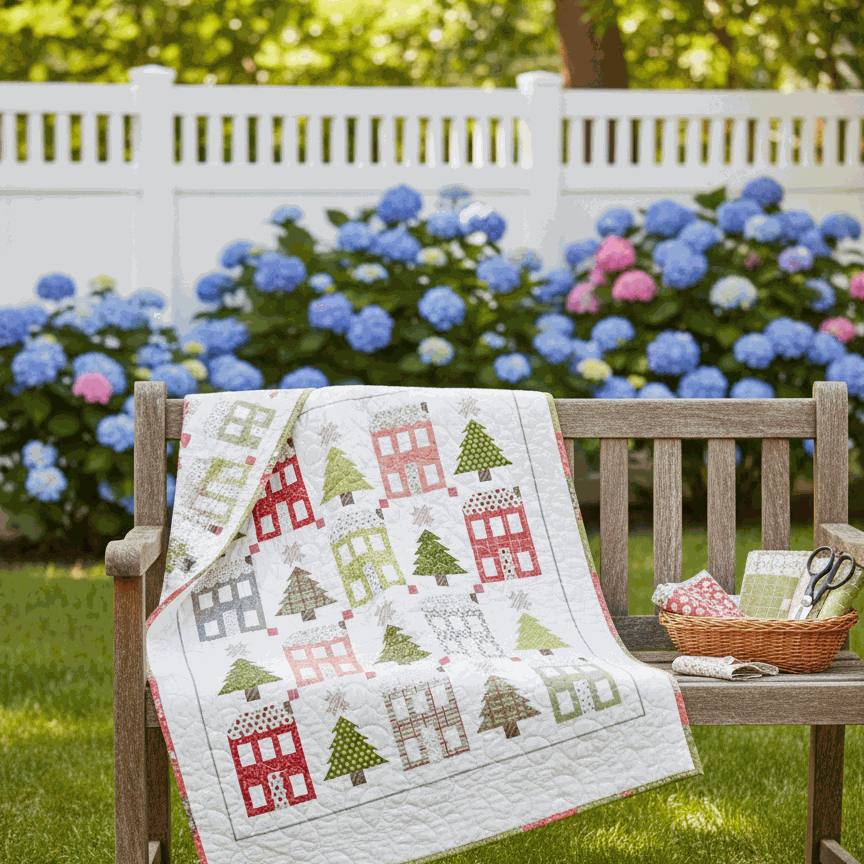 Pre-Order Little Town Quilt Kit with Poinsettia & Pear fabric bundle by Sherri & Chelsi, 61x65.5 inches
