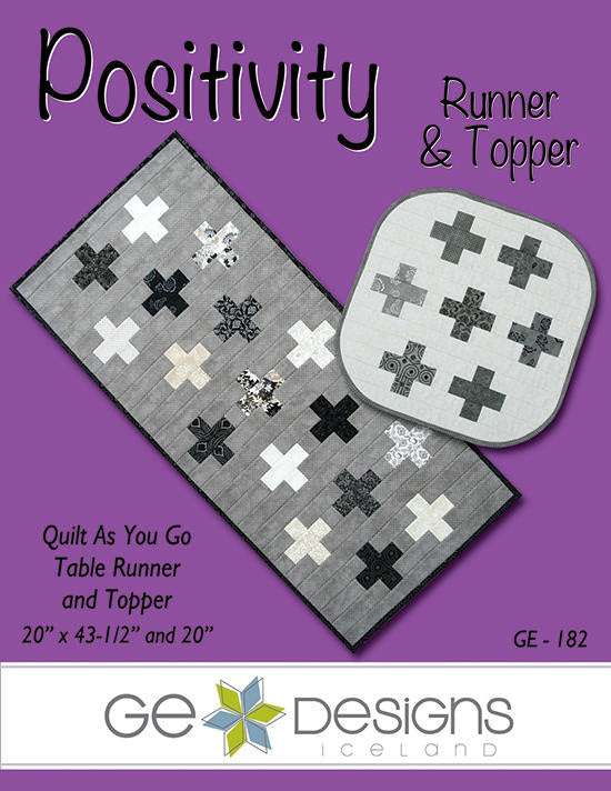Positivity Table Runner quilt pattern using charm squares with Quilt As You Go method, 20.5" x 43.5" runner and 20" topper with optional rounded corners