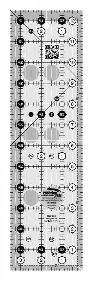 Creative Grids Ruler 3-1/2 x 12-1/2 inch quilting ruler with black and white grid markings, 45, 30, and 60-degree angles, and non-slip grip sides