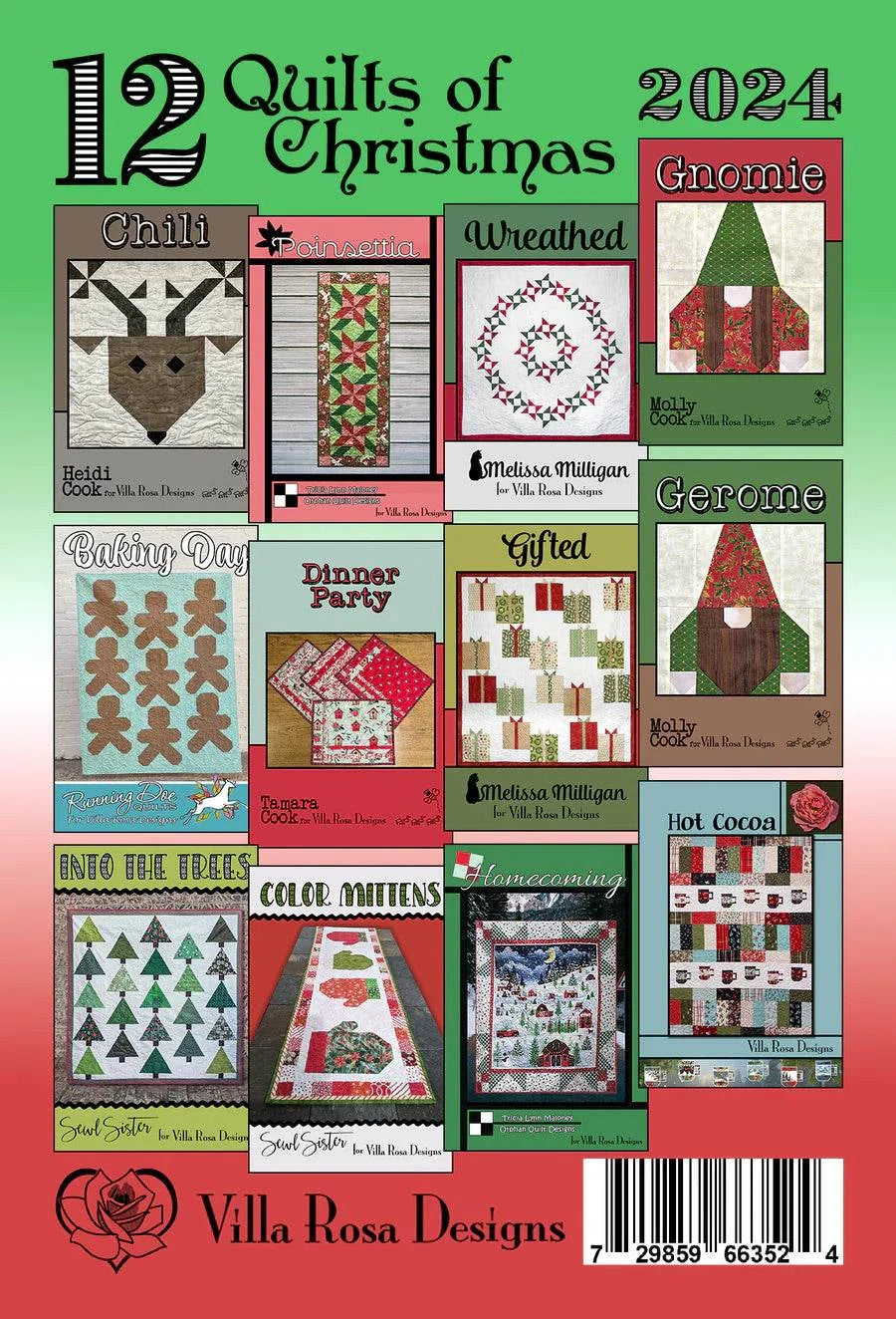 12 Christmas quilt pattern cards by Villa Rosa Designs with festive themes and designs