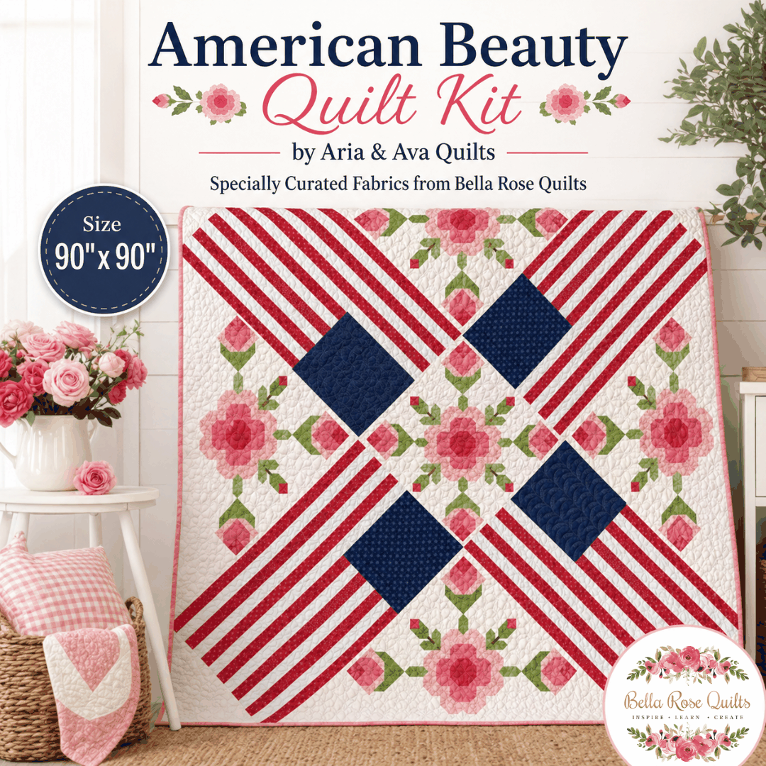 American Beauty Rose Berry Quilt Kit by Aria & Ava Quilts with curated Bella Rose fabrics, 90x90 inches